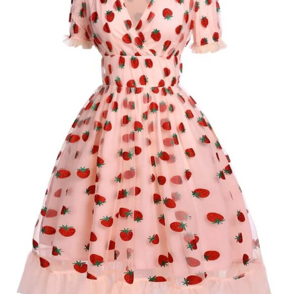 NWT Retro Stage 1950s Style Strawberry Lace Swing Dress - Medium - Picture 9 of 9
